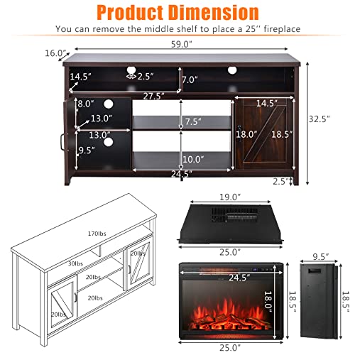 Electric TV Stand, for TVs up to 65 Inches, with 25 Inch 1350W Reccessed Faux Fireplace