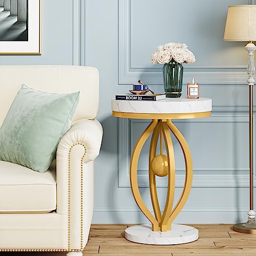 Gold Round End Table, Faux Marble Sofa Side Table, Modern Nightstand with Unique Iron