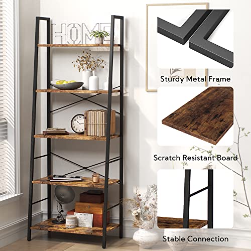 Bookshelf, Ladder Shelf 5-Tier Bookcase for Bedroom, Industrial Book Shelves Storage Rack