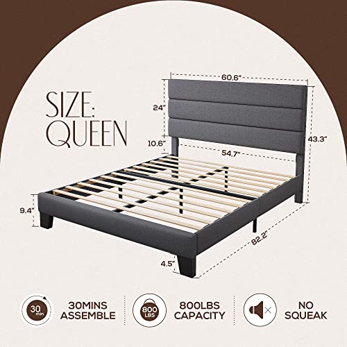 Queen Bed Frame Platform Bed with Linen Fabric Headboard and Wooden Slats Support