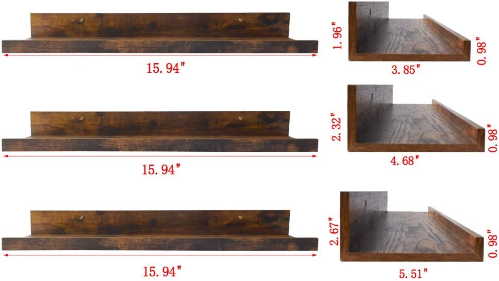 16 Inch Floating Shelves for Wall Set of 3, Wall Mounted Picture Ledge Wooden Wall Shelf