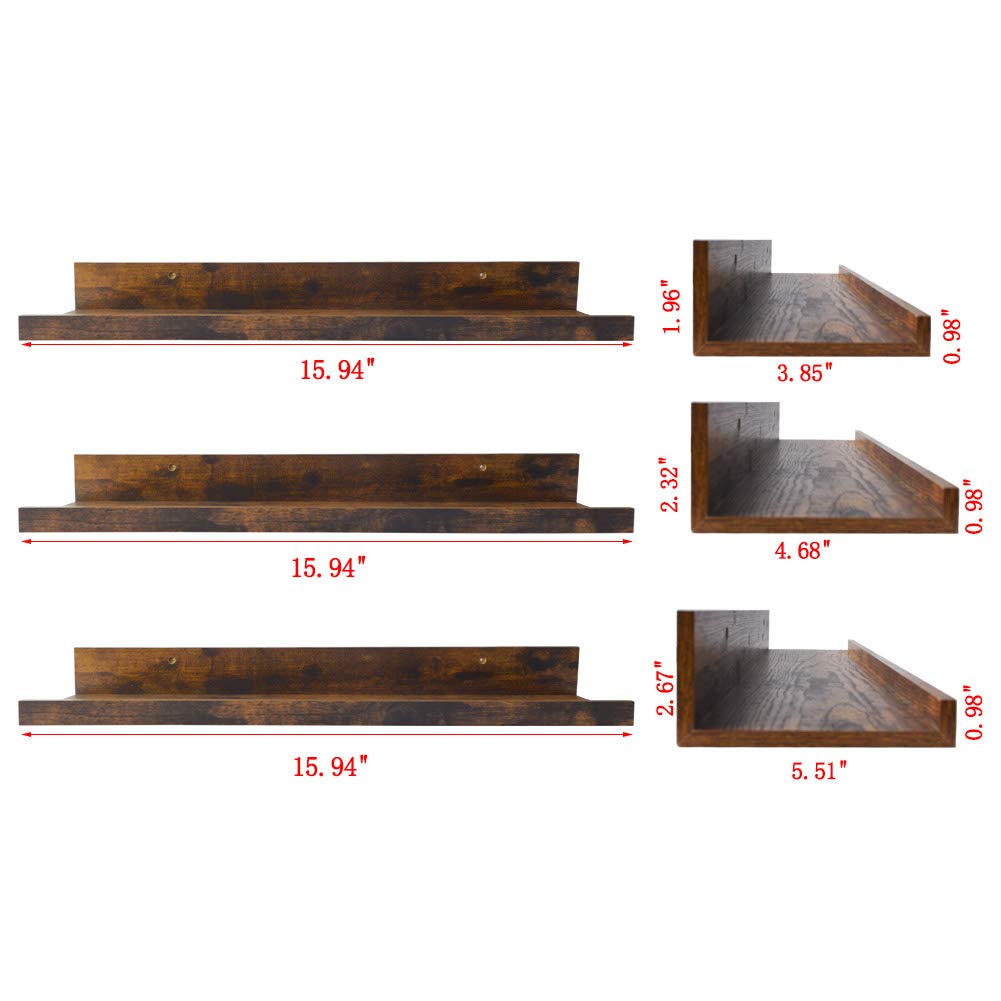 16 Inch Floating Shelves for Wall Set of 3, Wall Mounted Picture Ledge Wooden Wall Shelf