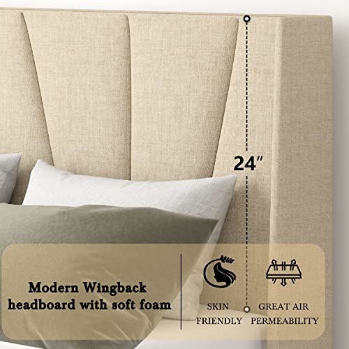 Upholstered Platform Bed with Modern Geometric Wingback Headboard
