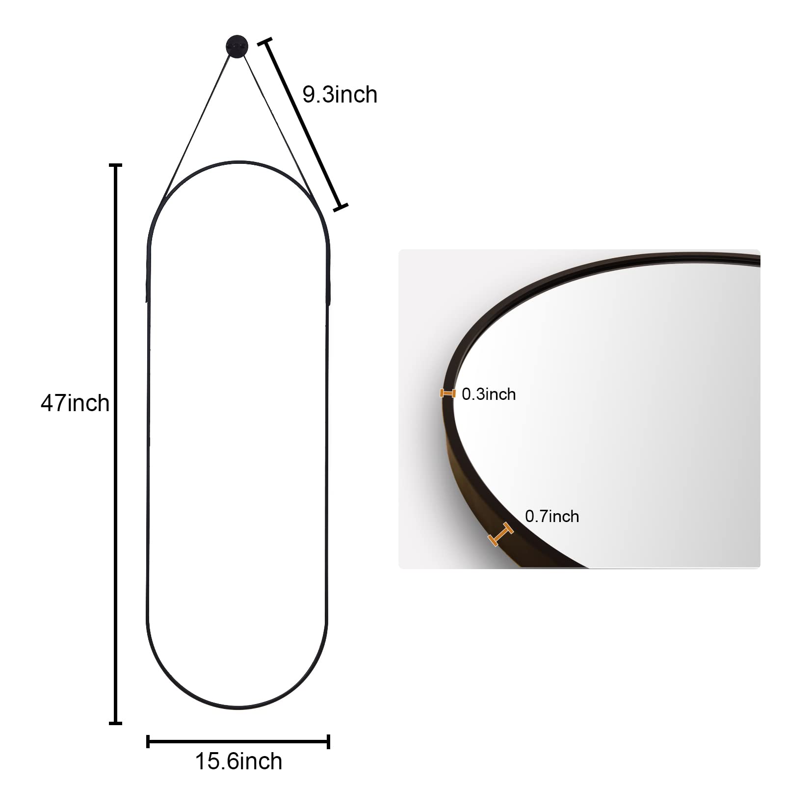 16"x48" Oval Hanging Mirror with Leather Strap Full Length Mirror Aluminum Frame Wall-Mounted Hanging Mirrors for Bathroom Vanity Living Room Bedroom Entryway Decor