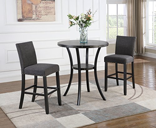 Biony 3-Piece Round Espresso Bar Table with Nail Head Stools