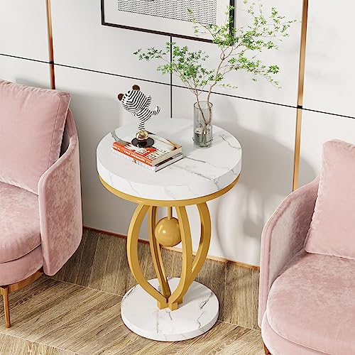 Gold Round End Table, Faux Marble Sofa Side Table, Modern Nightstand with Unique Iron