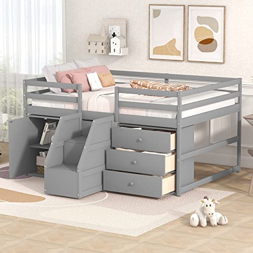 Designs Full Size Loft Bed with Stairs and Storage Drawers