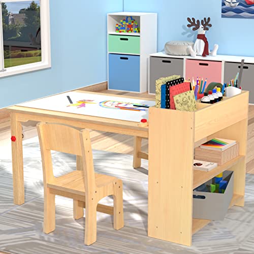 Kids Art Table and 2 Chairs, Wooden Drawing Desk, Activity & Crafts