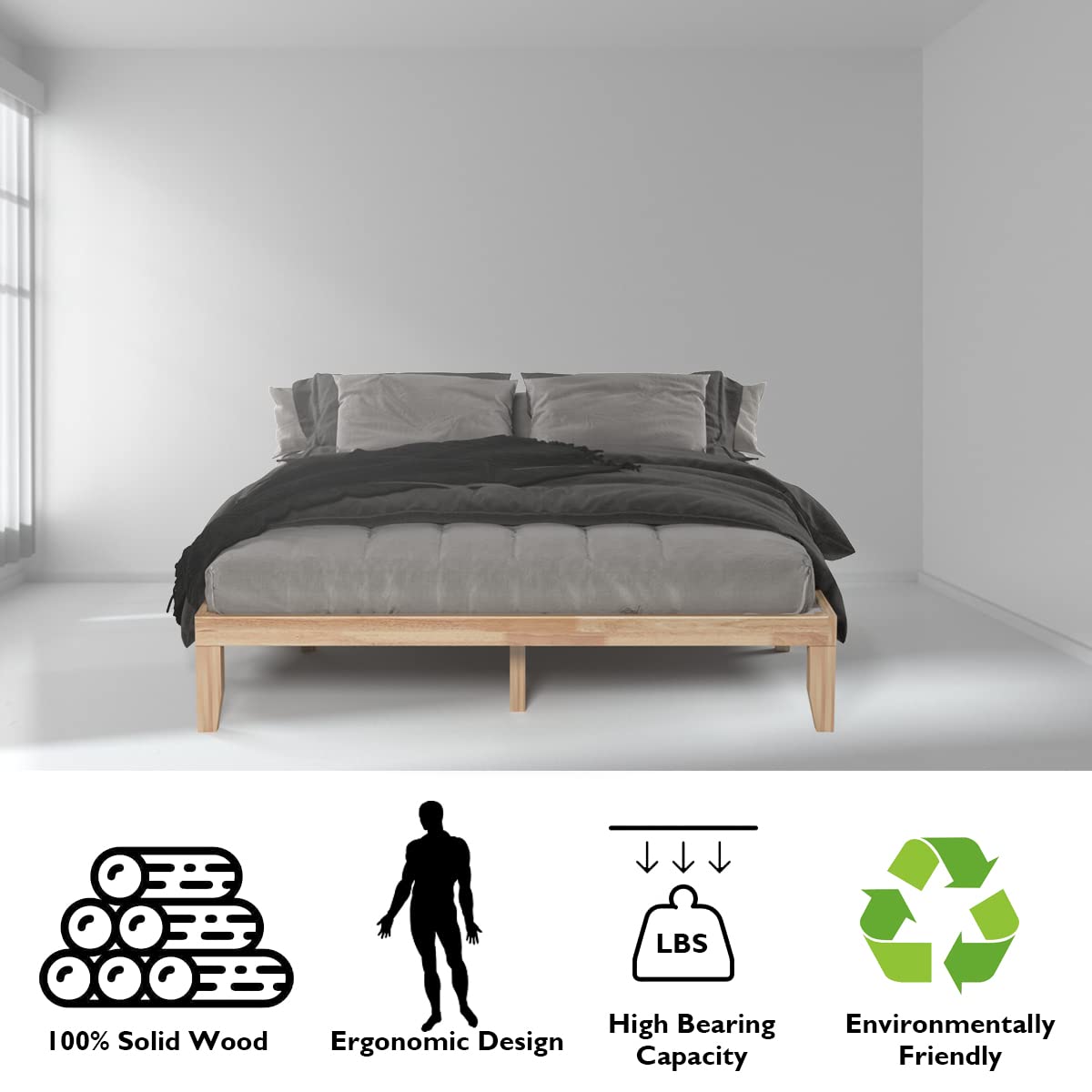 King Wood Platform Bed Frame, 14 Inch Solid Rubber Wood Mattress Foundation