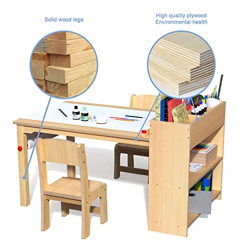Kids Art Table and 2 Chairs, Wooden Drawing Desk, Activity & Crafts