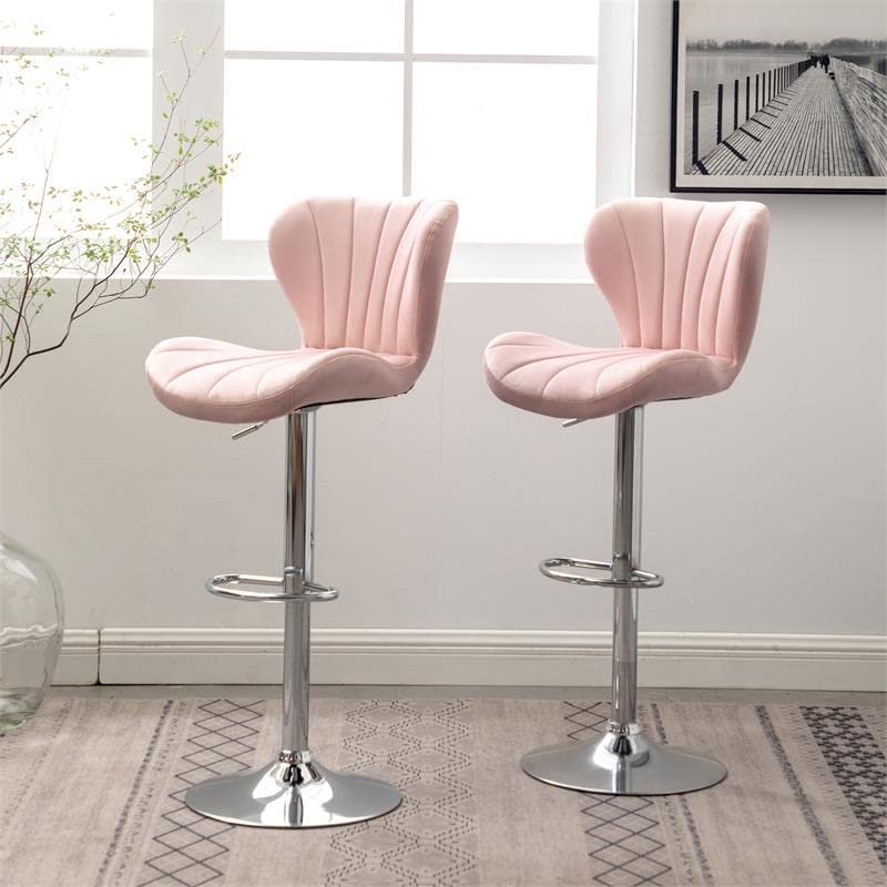 Ellston Velvet Adjustable Swivel Barstools in Pink, Set of 2