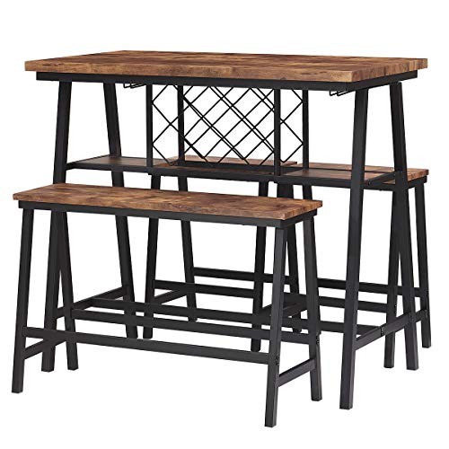 4-Piece Counter Height Dining Room Table Set, Bar Table with One Bench and Two Stools