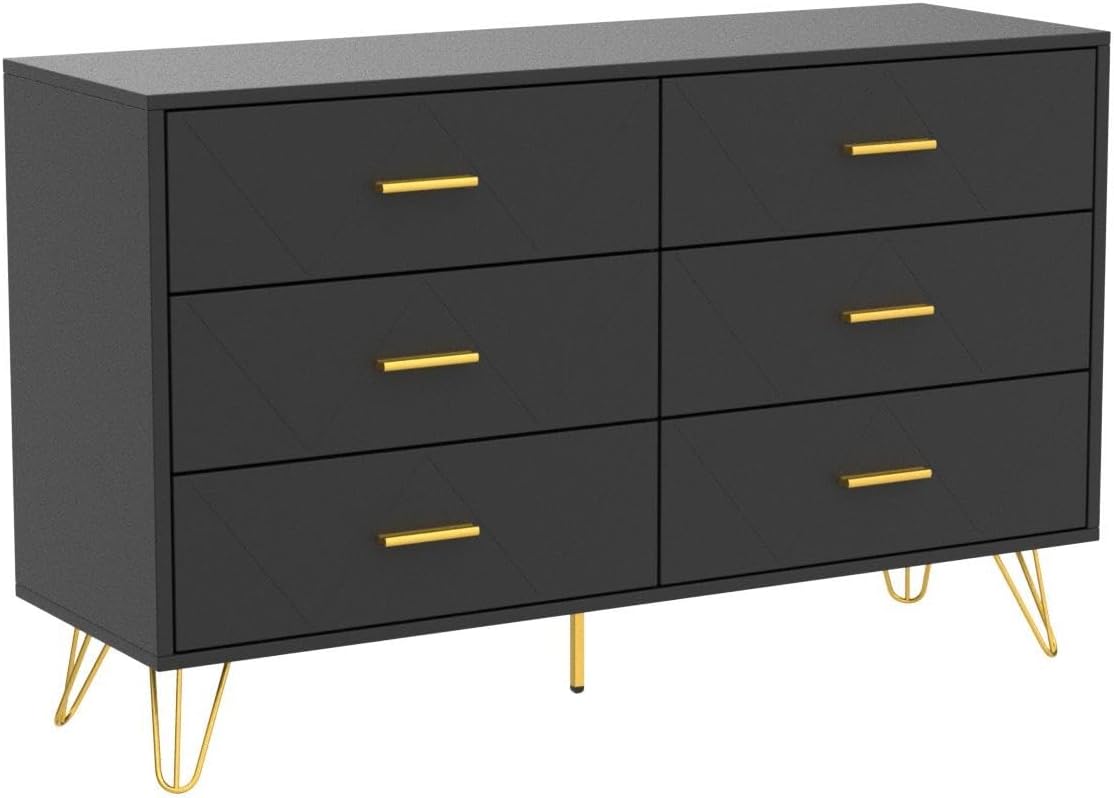Black Dresser for Bedroom, Modern Dresser for Bedroom, 6 Drawer Double Dresser