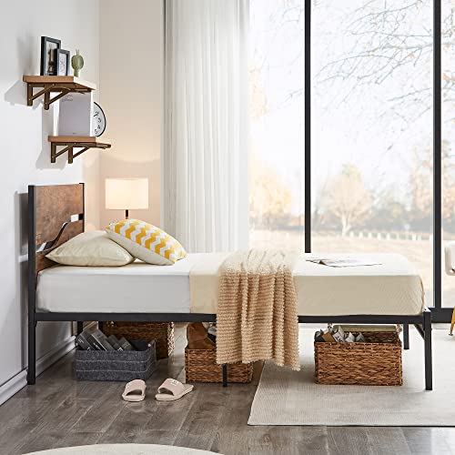 Platform Bed Frame Twin Size with Rustic Vintage Wood Headboard, Mattress Foundation