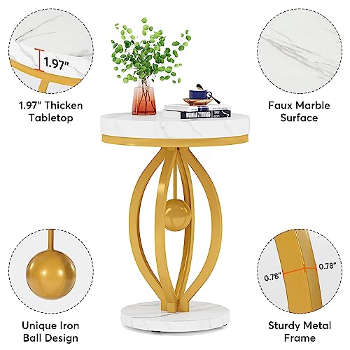 Gold Round End Table, Faux Marble Sofa Side Table, Modern Nightstand with Unique Iron
