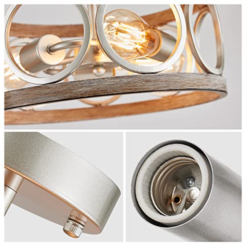 Rustic Semi Flush Mount Ceiling Lighting Fixture, 3-Light Antique Wood Grain Drum Lamp