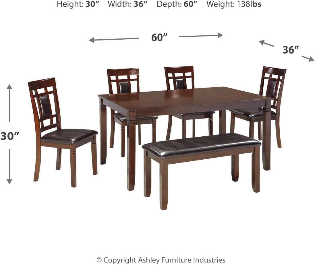 Bennox Dining Room Set, Includes Table, 4 18" Chairs & Bench, Brown
