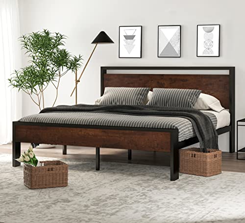 14 Inch King Size Metal Platform Bed Frame with Wooden Headboard and Footboard