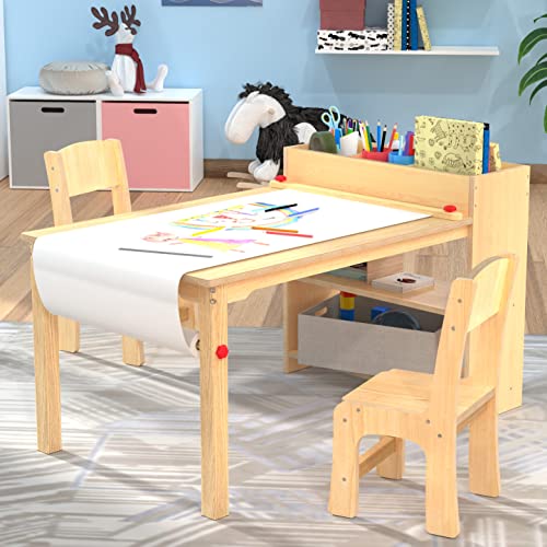 Kids Art Table and 2 Chairs, Wooden Drawing Desk, Activity & Crafts