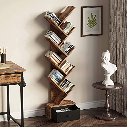 Tree Bookshelf with Drawer, 8 Shelf Rustic Brown Bookcase