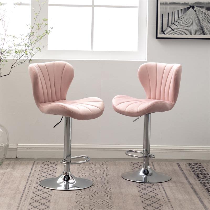 Ellston Velvet Adjustable Swivel Barstools in Pink, Set of 2