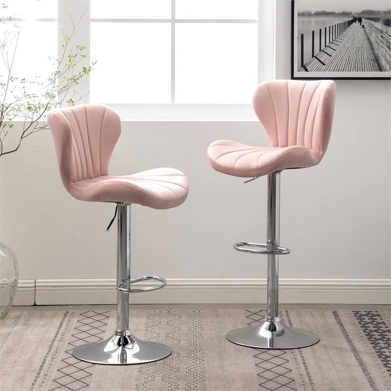 Ellston Velvet Adjustable Swivel Barstools in Pink, Set of 2