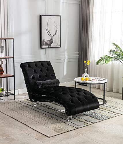 Velvet Chaise Lounge Chair with Toss Pillow