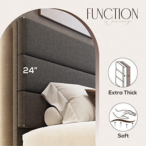 Queen Bed Frame Platform Bed with Linen Fabric Headboard and Wooden Slats Support