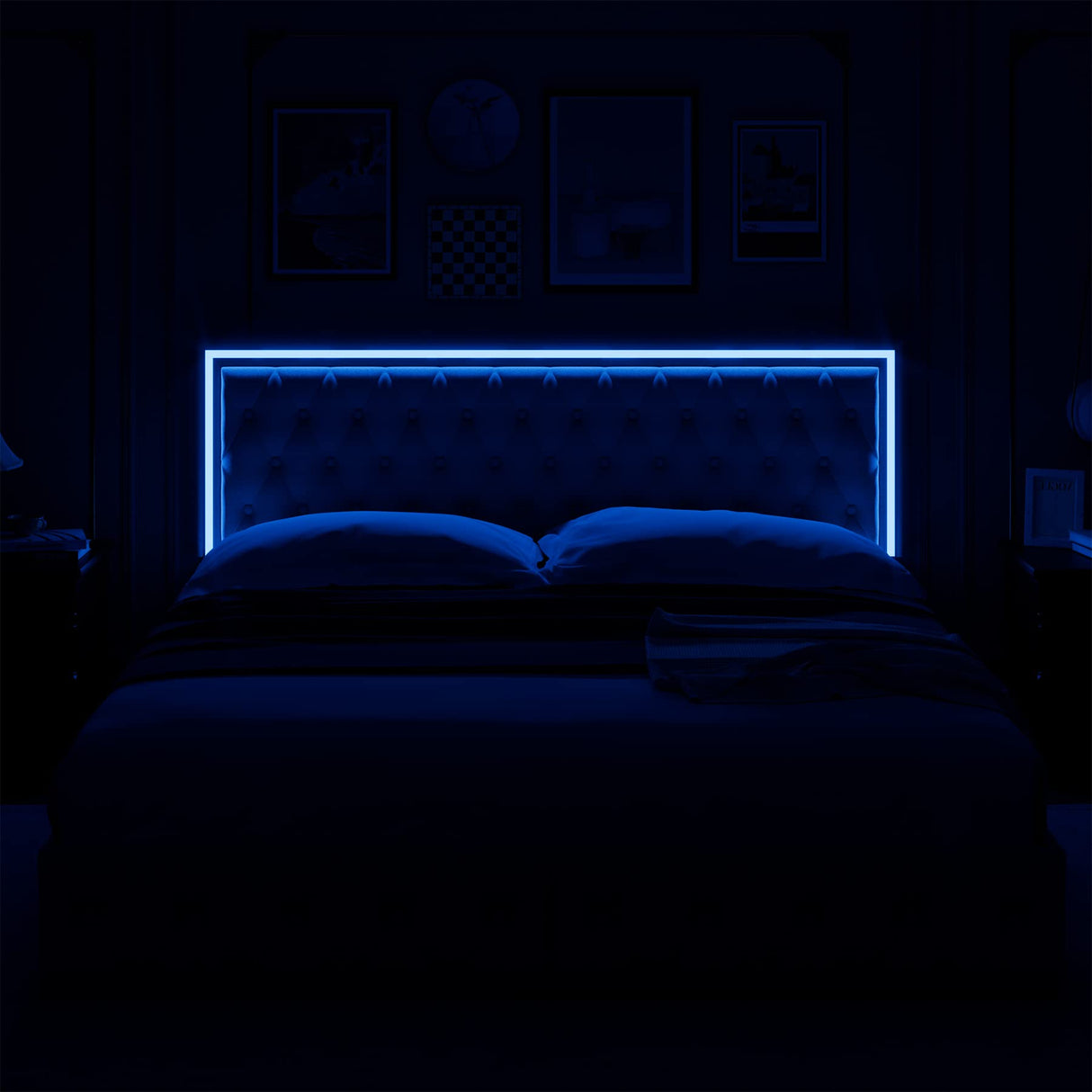 Queen Upholstered LED Bed Frame with 4 Drawers, Velvet Platform Storage Bed