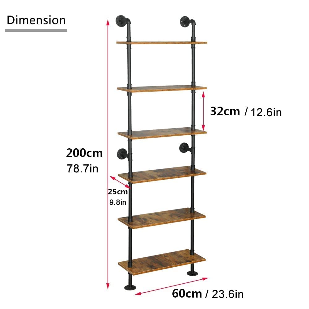 Industrial Pipe Shelving, 6-Tier Pipe Shelves Ladder Shelf, Modern Bookcase