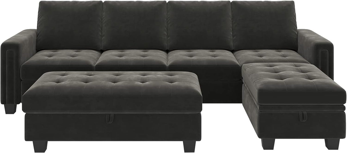 Velvet Convertible 4-Seat Sectional Sofa with Reversible Chaise L