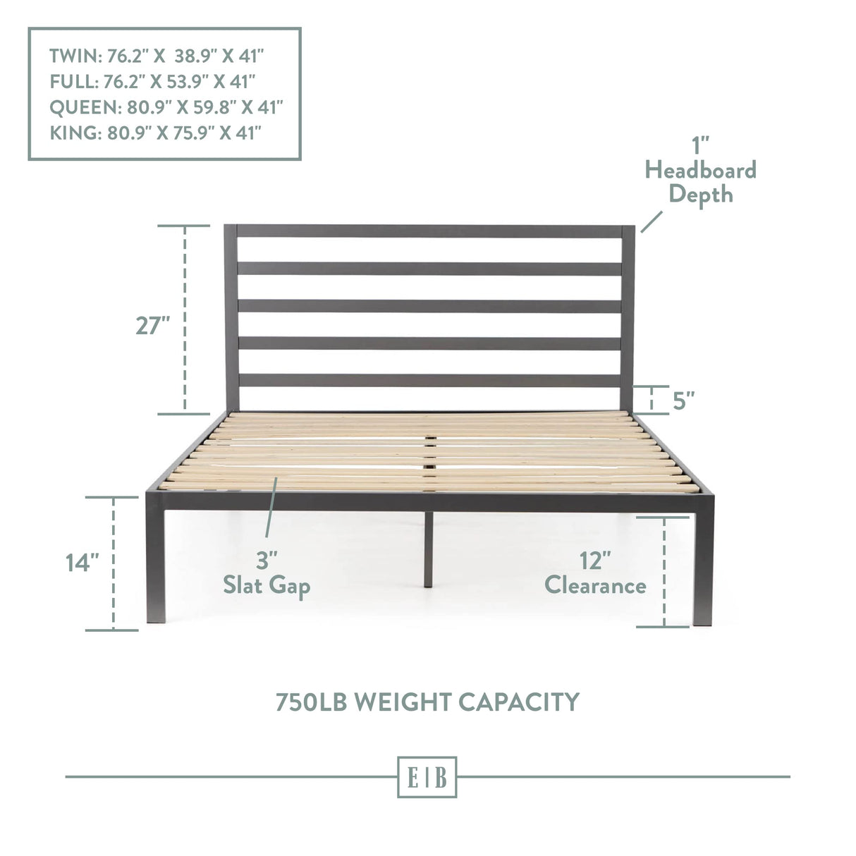 Cassidy Metal Platform Bed Frame with Metal Headboard - Box Spring Not Required
