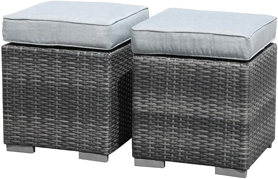 2 Pieces Assembled Ottoman, Indoor All-Weather Grey Wicker Rattan