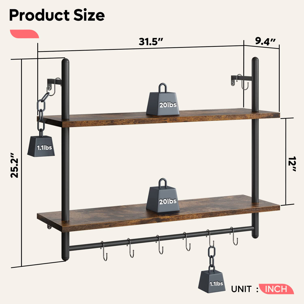 Pipe Shelf Industrial Floating Shelving Kitchen Wall-Mounted Shelf with Towel Bar Hooks