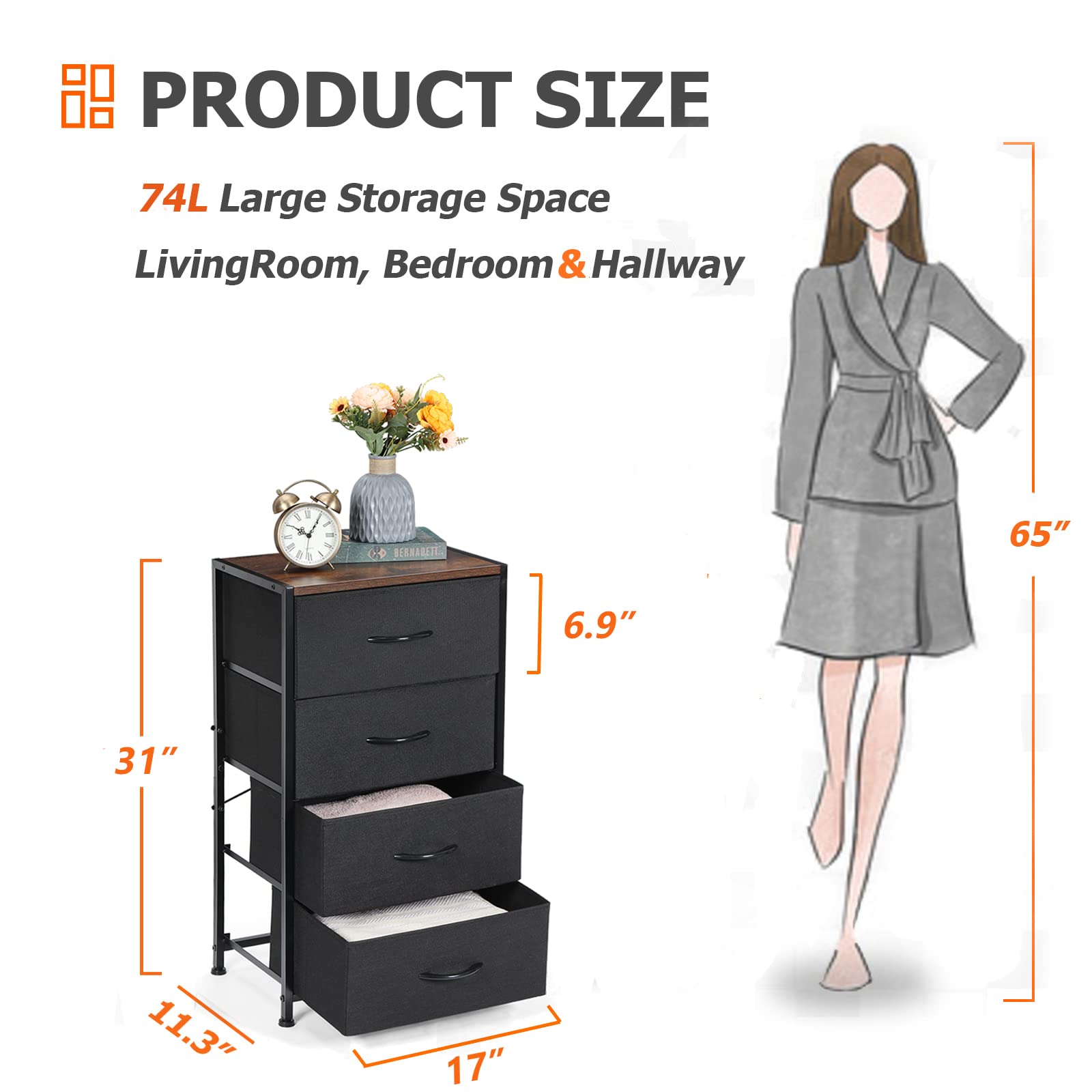 Dresser for Bedroom, Fabric Dresser with 4 Drawers, Small Chests of Drawers for Closet