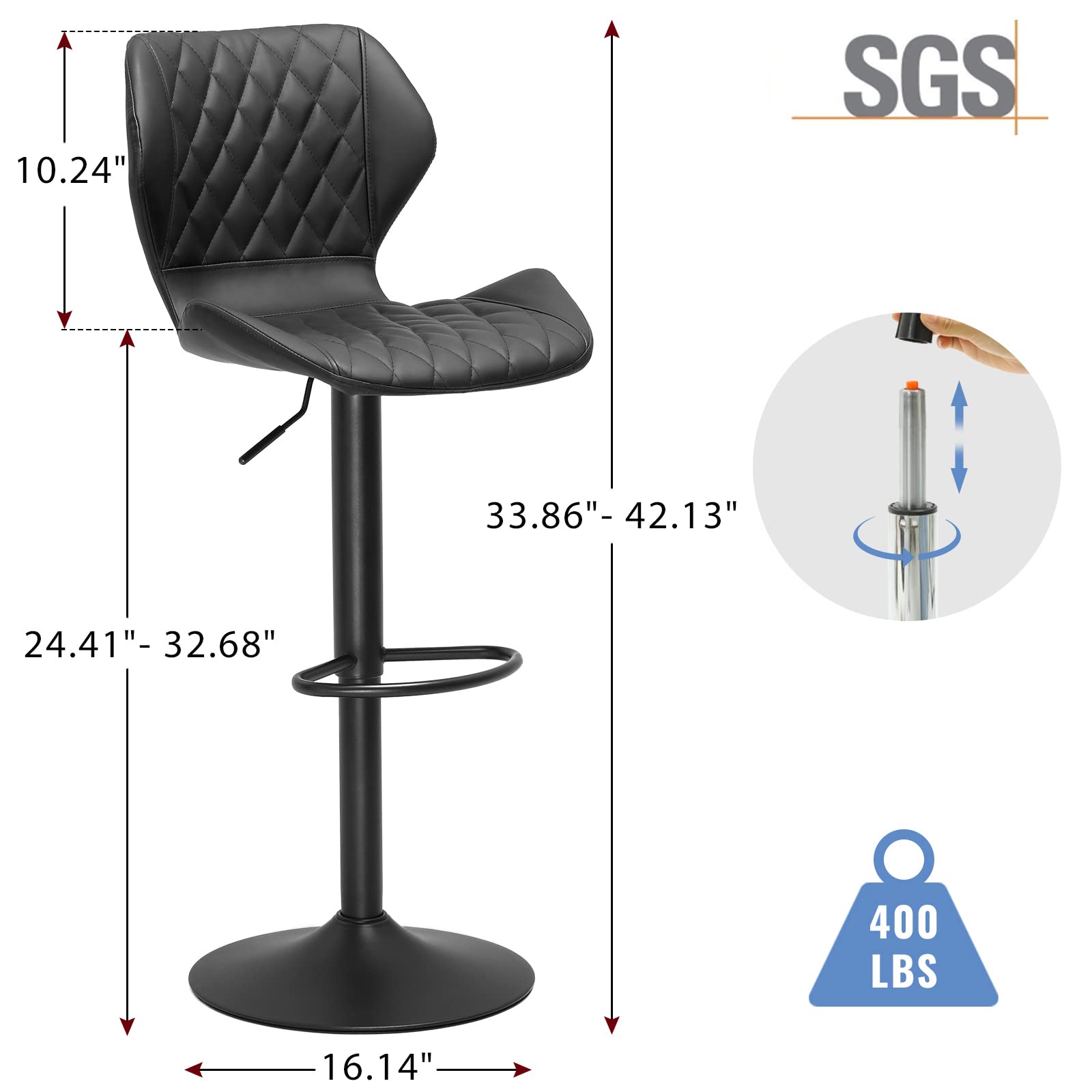 Leather Bar Stools Set of 2 Black Adjustable Height Bar Chairs