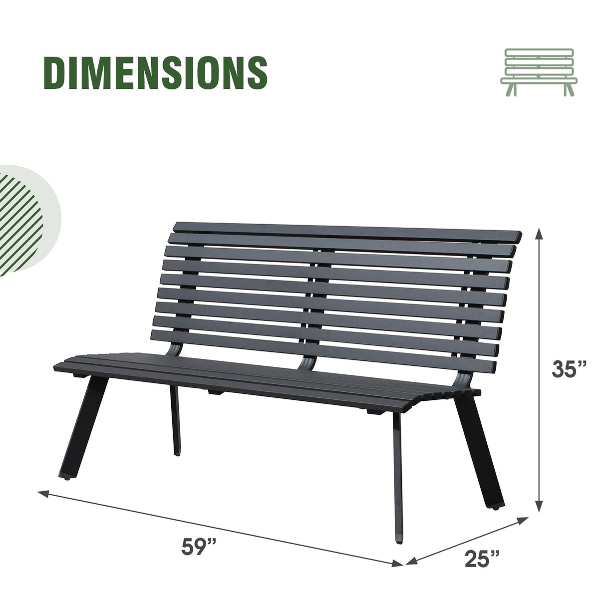 Outdoor Aluminum Garden Bench, Patio Porch Chair Furniture, Slatted Design