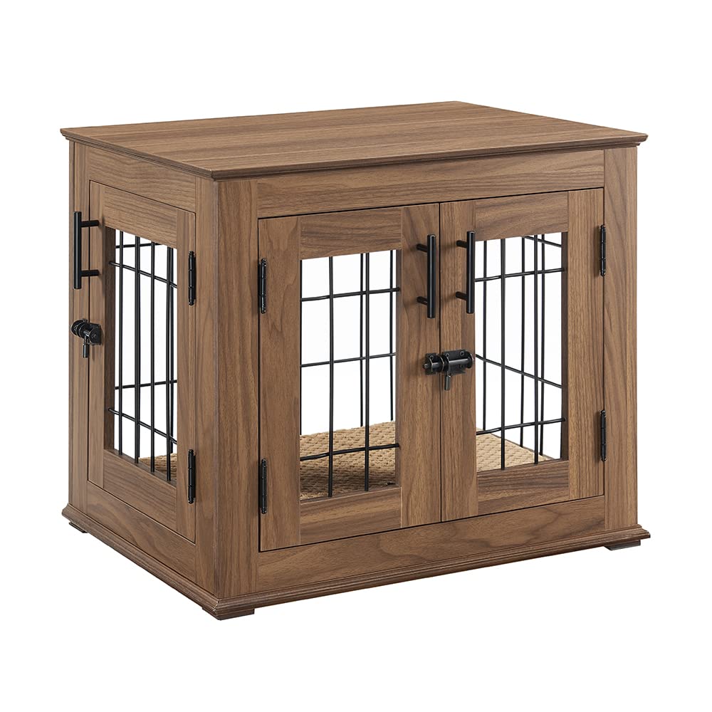 Furniture Style Dog Crate End Table, Wooden Wire Dog Kennel Double Doors with Pet Bed