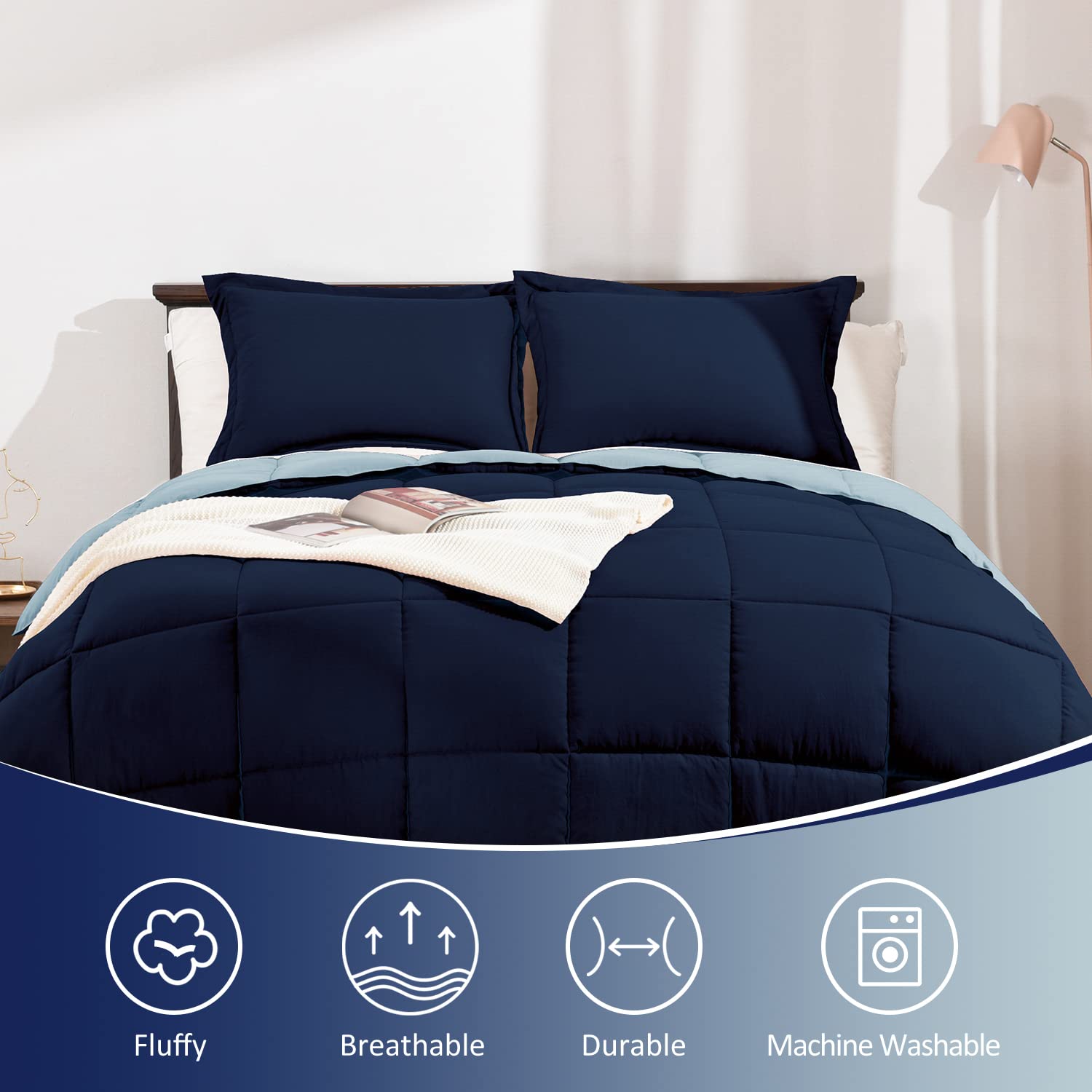 Queen Size Comforter Set - Reversible Washed Microfiber Navy and Blue Comforter