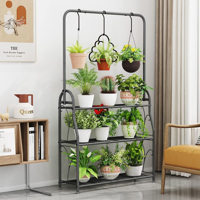 3-Tier Tall Wrought Iron Plant Stand – Indoor & Outdoor Corner Shelf with Hanging Hooks