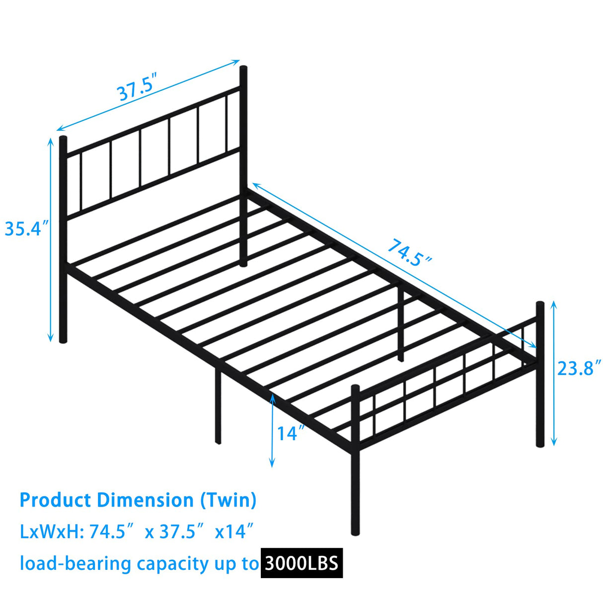 14 Inch Twin Metal Platform Bed Frame with Headboard,Mattress Foundation,Steel Slat