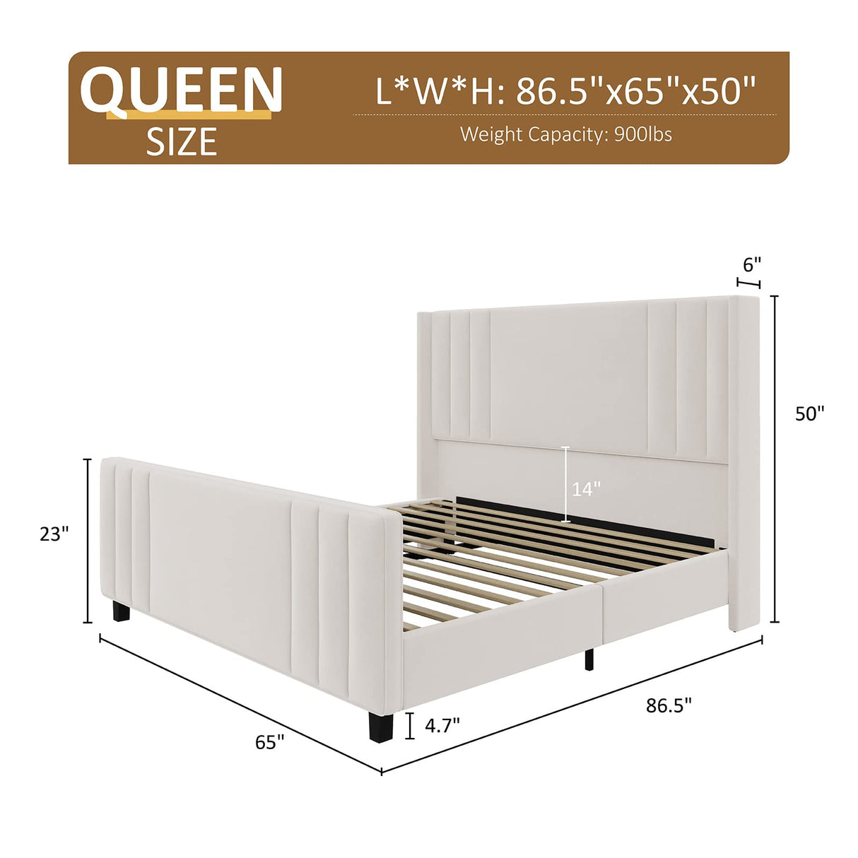 Queen Size Platform Bed Frame, Upholstered Bed with Vertical Channel Tufted Wingback
