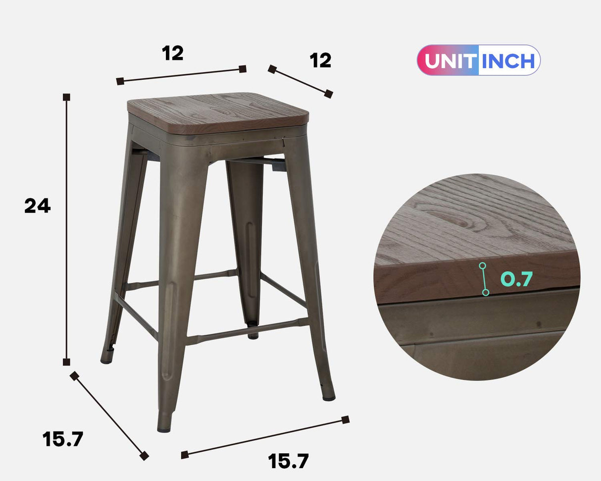 24 Inches Metal Bar Stools Set of 4 Counter Height Wood Seat Barstool Patio Stool