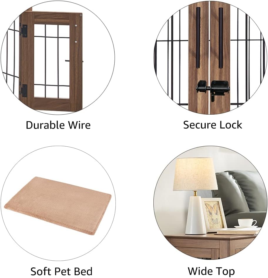 Furniture Style Dog Crate End Table, Wooden Wire Dog Kennel Double Doors with Pet Bed