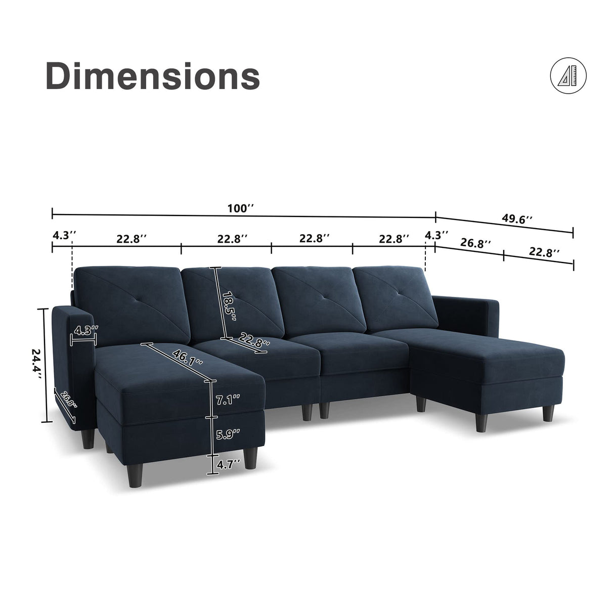 Convertible U Shaped Sofa Sectional Couch with Double Chaises 4 Seat Sofa