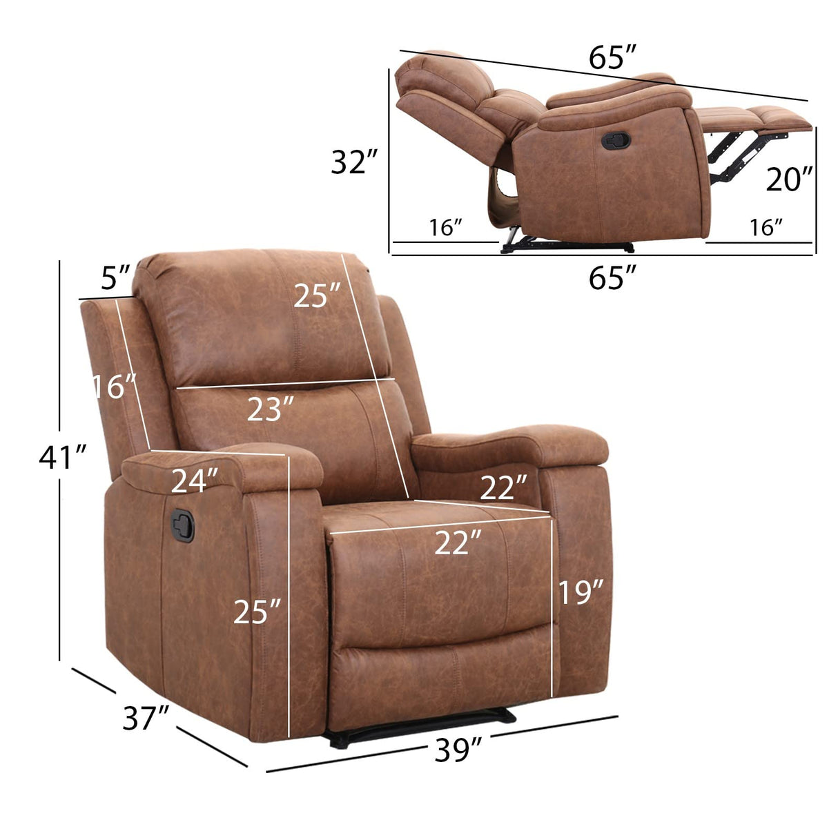 LuxeCove Manual Recliner Chair – Faux Leather, 145° Recline & Hidden Cup Holders