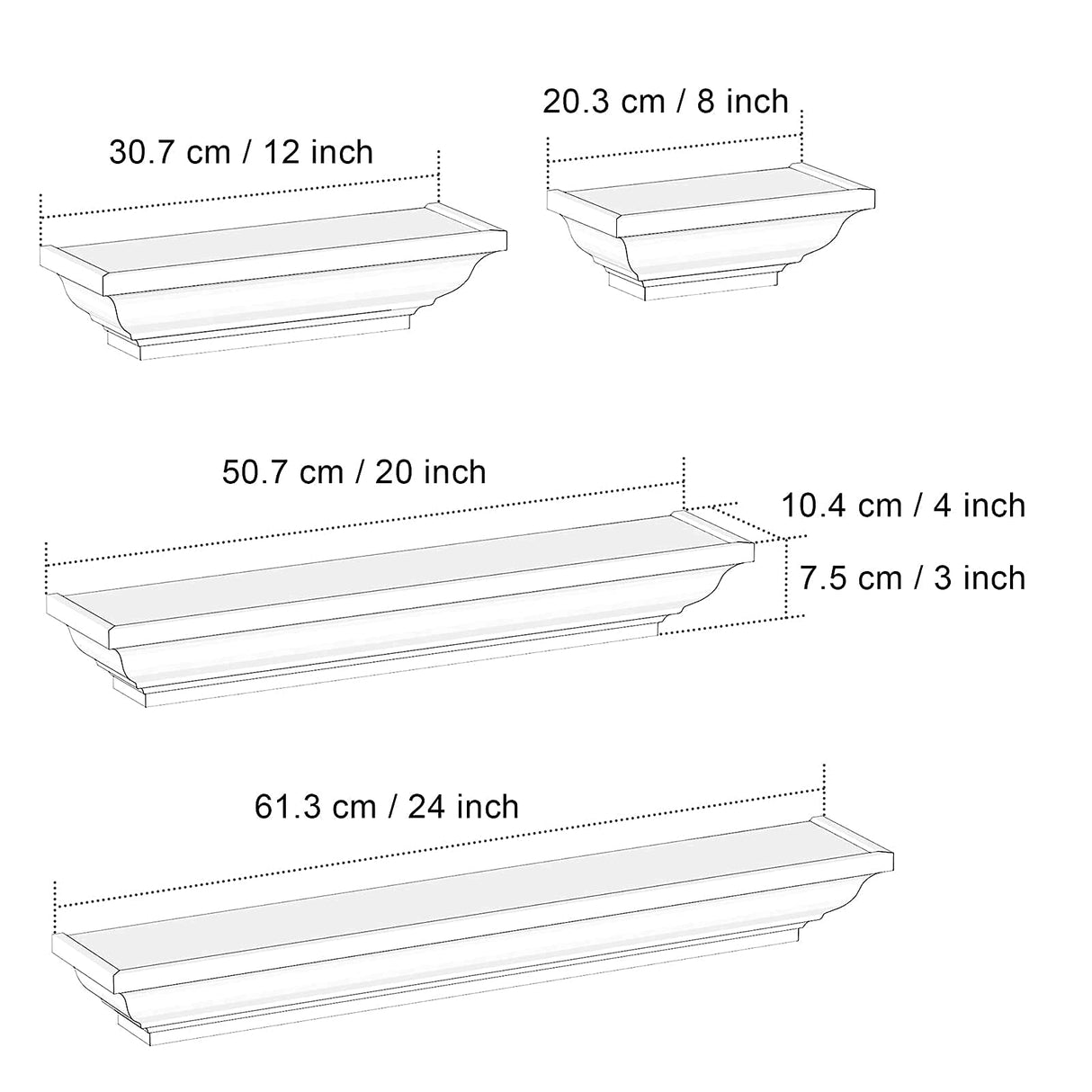 White Floating Shelves, 24 Inch Solid Wood Storage Wall Shelves Set of 4 Display