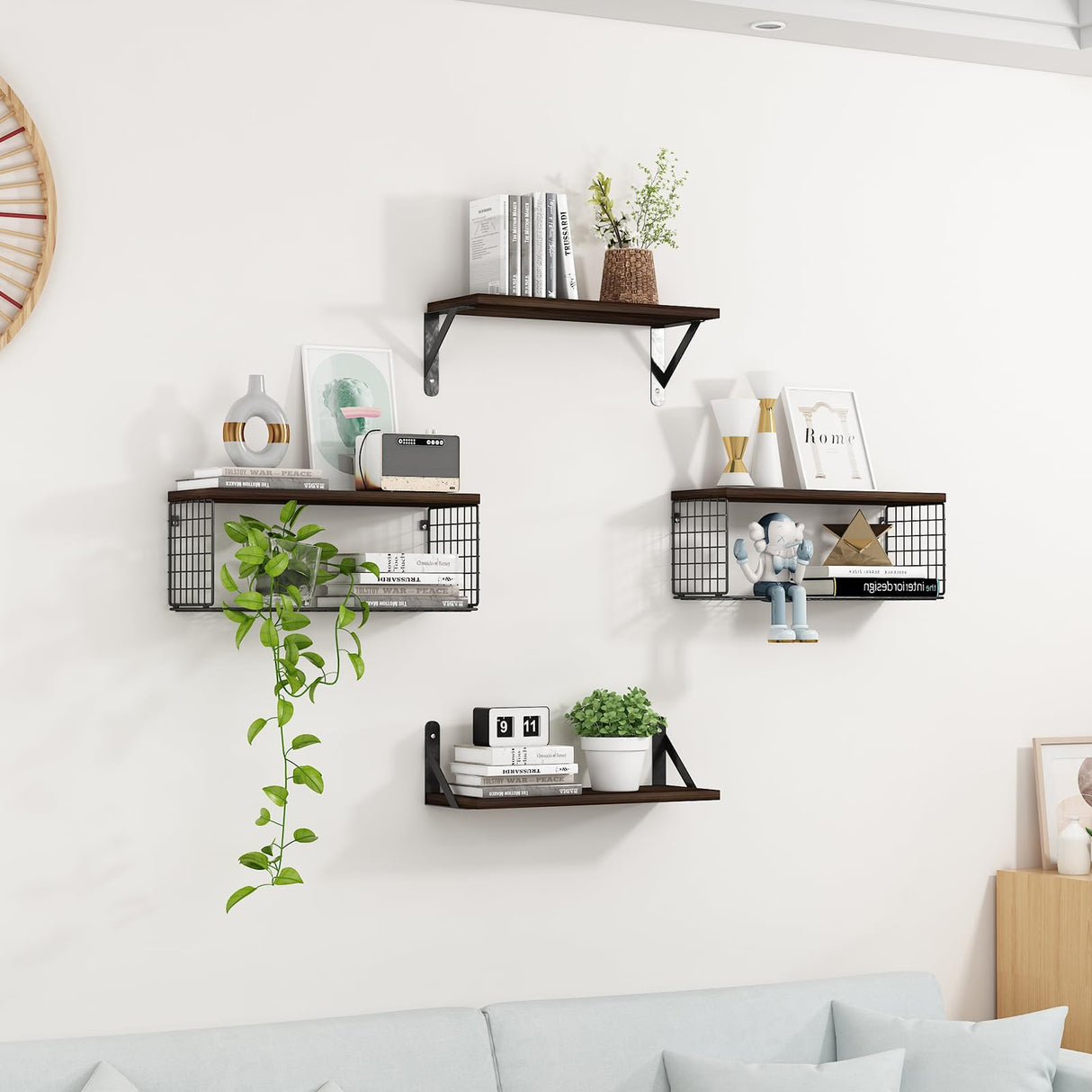 Wall Floating Shelves, Wall Mounted Shelf Set of 4, with Metal Baskets, Rustic DƩcor Style