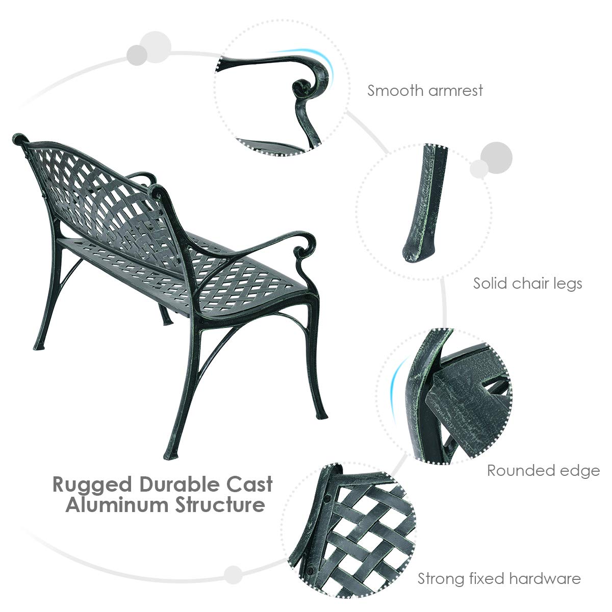 40" Outdoor Antique Garden Bench Aluminum Frame Seats Chair Patio Garden