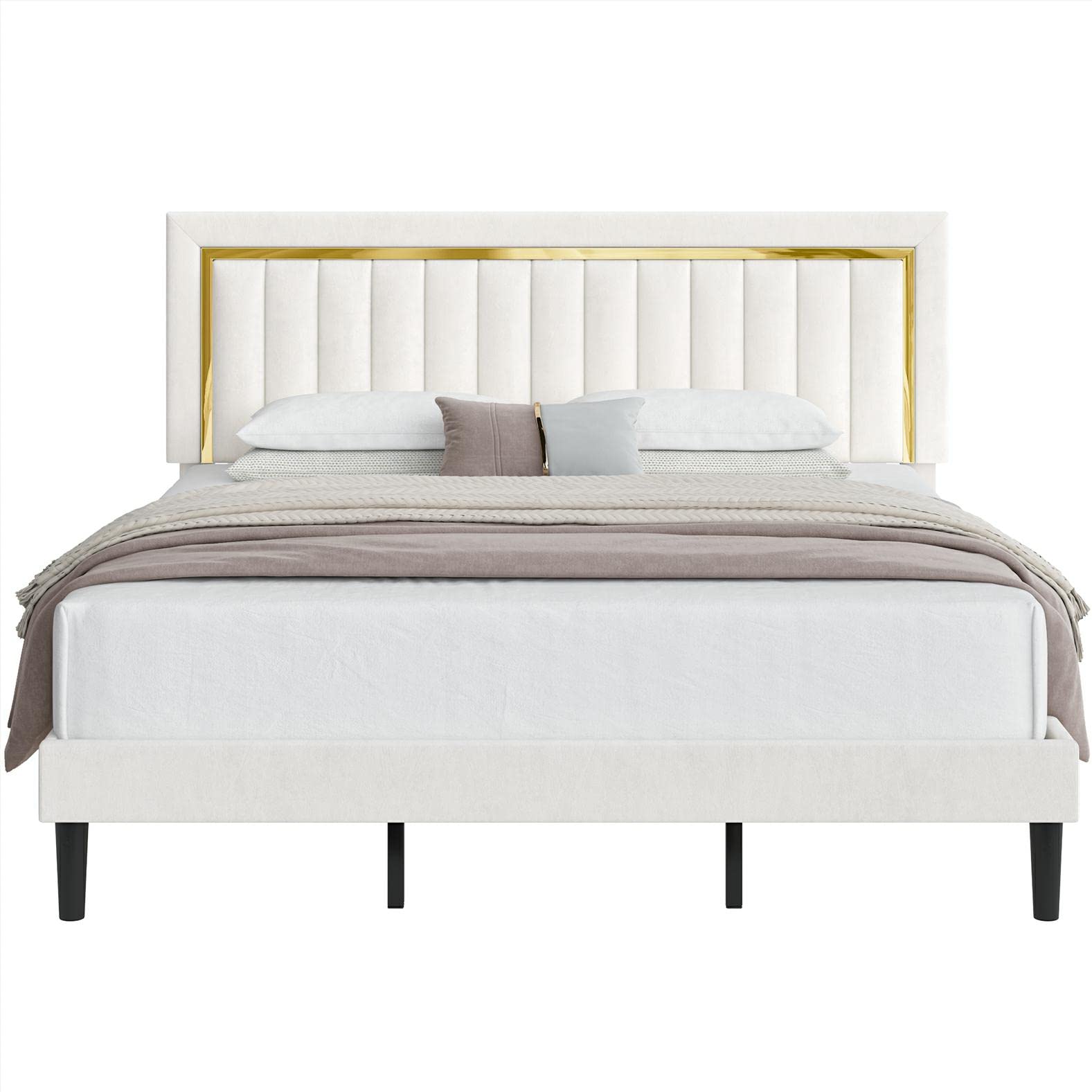 King Size Bed Frame with Adjustable Tufted Headboard, Velvet Upholstered Platform Bed